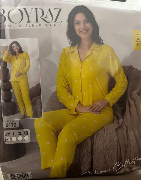 Boyraz 0172 Sarı Beyaz Yıldızlı Süet Gecelik Takımı