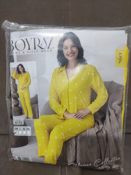 Boyraz 0172 Sarı Beyaz Yıldızlı Süet Gecelik Takımı