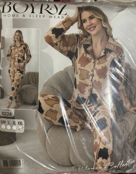 Boyraz 0226 Kahverengi Kedili Süet Kumaşlı Gecelik Takımı