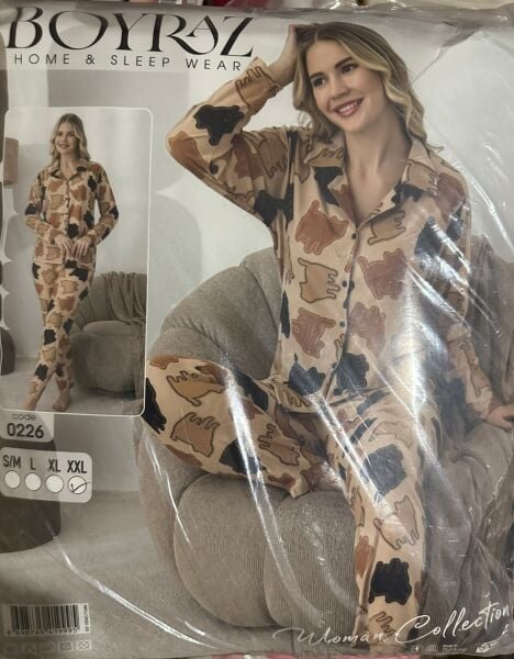 Boyraz 0226 Kahverengi Kedili Süet Kumaşlı Gecelik Takımı