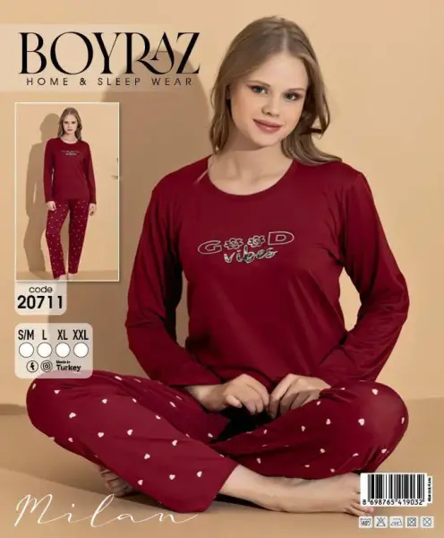 Boyraz 20711 Bordo Beyaz Kalpli Alt Takım Gecelik Takımı