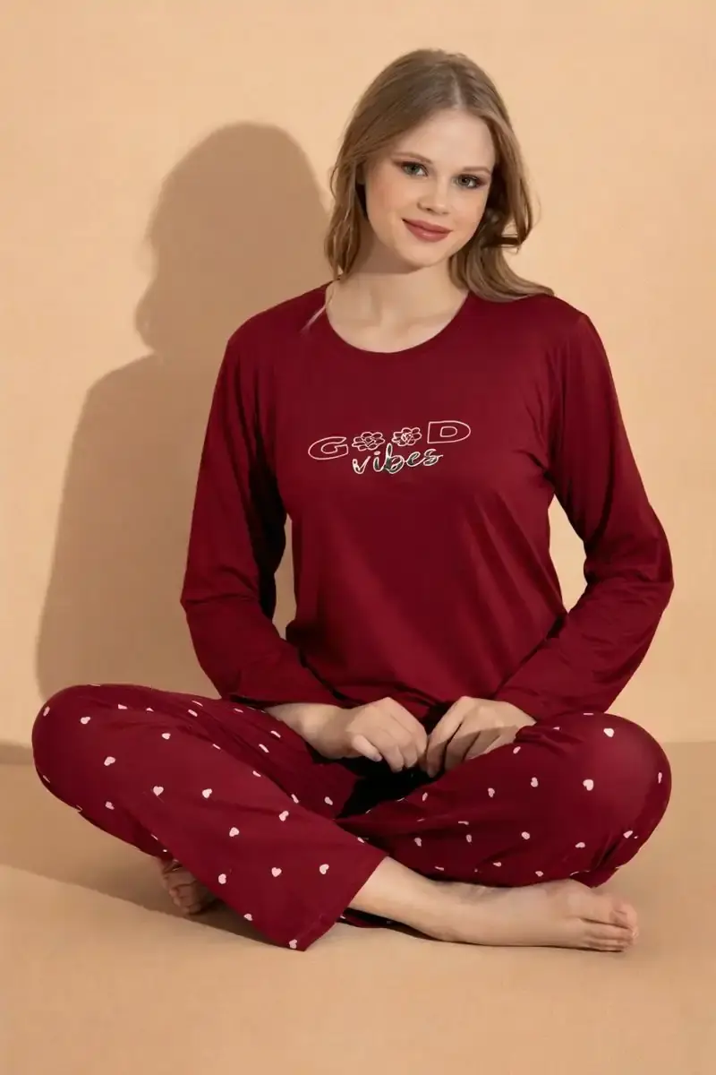 Boyraz 20711 Bordo Beyaz Kalpli Alt Takım Gecelik Takımı