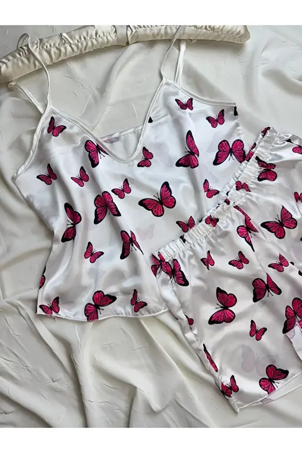 Love Secret Beyaz Ayarlanabilir Askılı Pembe Kelebekli Saten Pijama Takımı