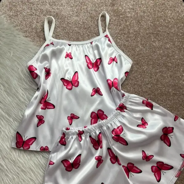 Love Secret Beyaz Ayarlanabilir Askılı Pembe Kelebekli Saten Pijama Takımı