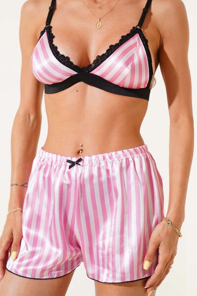 Love Secret Pembe Saten Şortlu Çizgili Sütyen Takımı