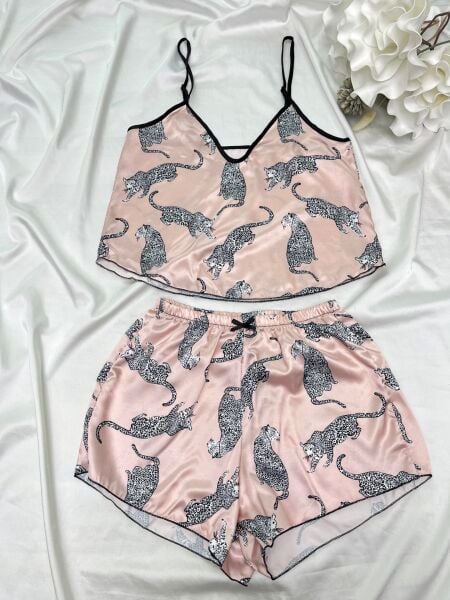 Leopar Desenli Pudra Saten Gecelik Takım