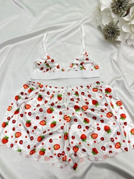 Desenli Saten Bralet Şort Pijama Takımı