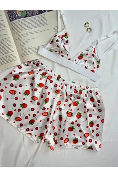 Desenli Saten Bralet Şort Pijama Takımı 80B