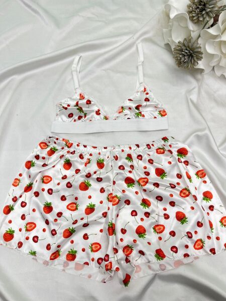 Desenli Saten Bralet Şort Pijama Takımı 75B