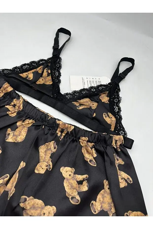 Saten Desenli Dantel Detaylı Bralet Şort Takım 90B