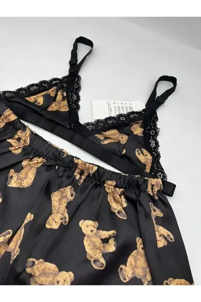 Saten Desenli Dantel Detaylı Bralet Şort Takım 90B