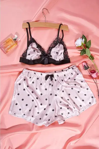 Bralet Baskılı Saten Şort Takım – Puantiye 75B