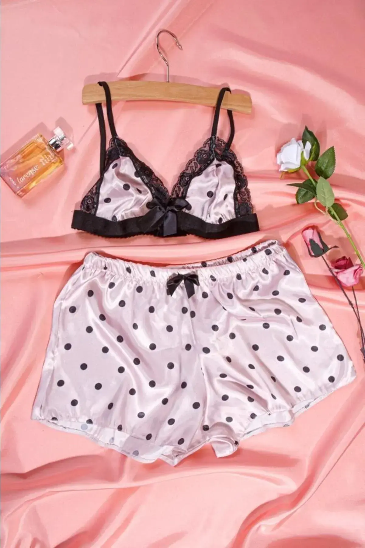 Bralet Baskılı Saten Şort Takım – Puantiye 85B